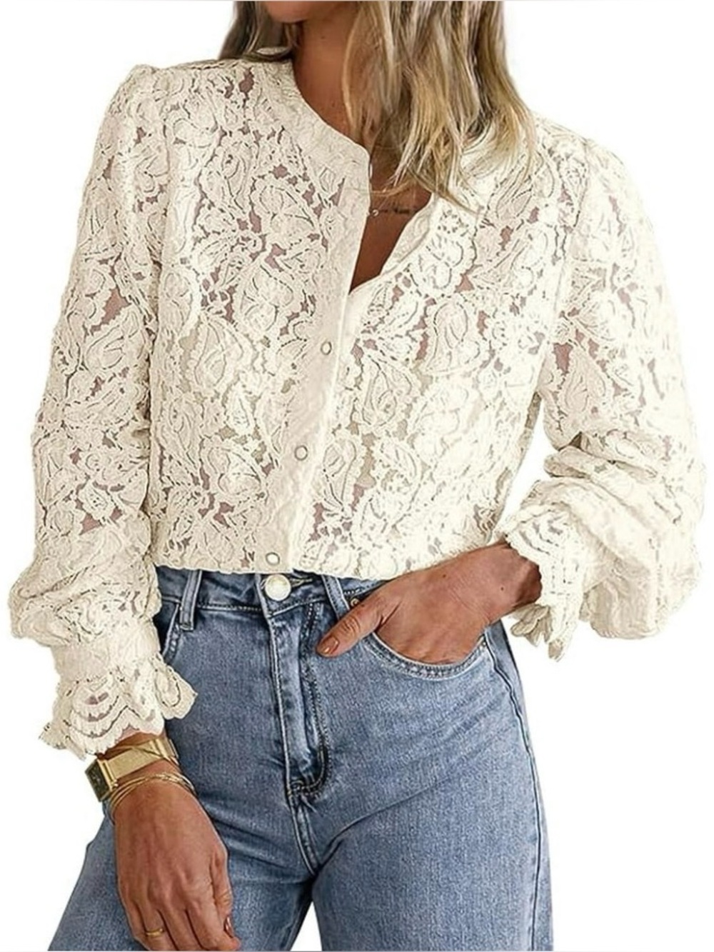 PRETTY GARDEN LACE BUTTON DOWN LONG SLEEVE BLOUSE, LARGE *NEW*